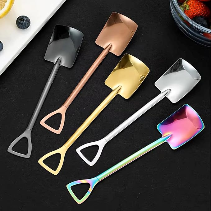 2 Pcs (1 Set) Stainless Steel Shovel Spoons – Reusable Mini Dessert Spoons for Coffee, Tea, Ice Cream, Fruit, Sugar & Cake, Cute Shovel-Shaped Silver Spoons for Kitchen and Party Use (Black)