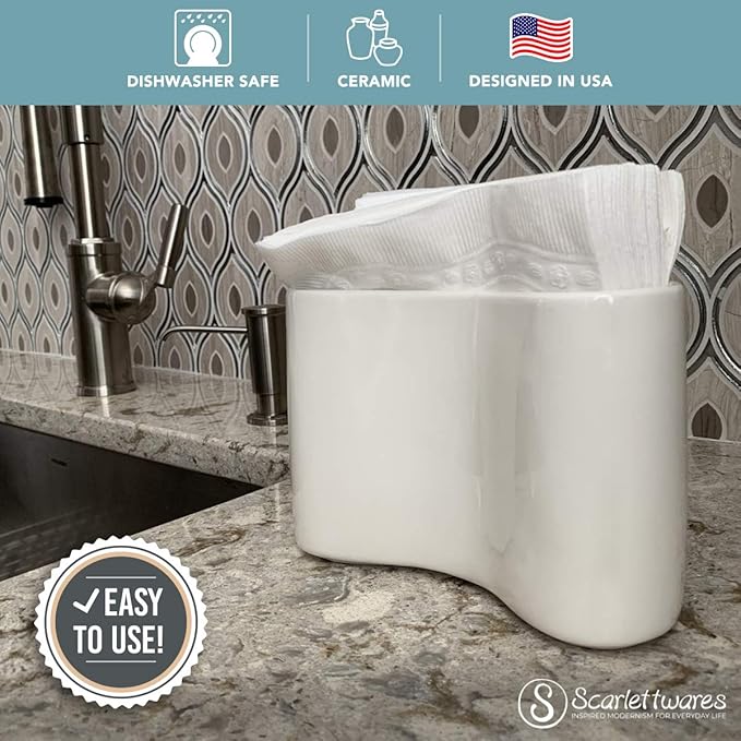 Scarlettwares Ceramic Napkin Holder For Table Kitchen Paper Linen Cloth Napkins Upright Stand Up Sturdy Stylish Modern Compact White Modern Farmhouse