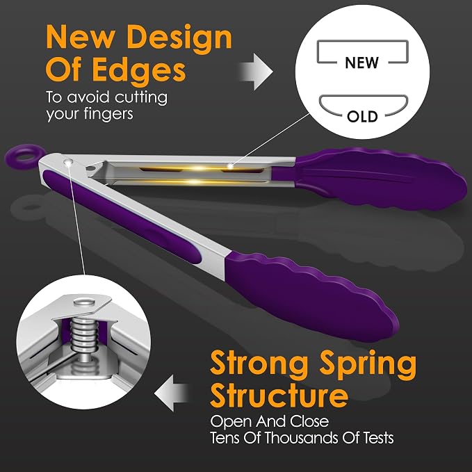 HOTEC Premium Stainless Steel Locking Kitchen Tongs with Silicon Tips, Set of 3-7", 9" and 12" (Purple)
