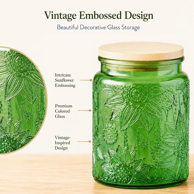 ANSQU Green Glass Canister, Candy Jar with Lid, 23.7 FL OZ Vintage Colored Mason Jars for Kitchen Decorative Jar for Coffee Tea Candy Cookies, Cute Jars (Green, 1 Pack)