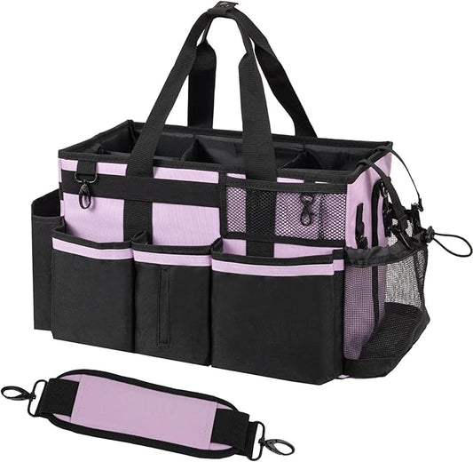 SCAVATA Wearable Cleaning Caddy, Cleaning Caddy Supplies Organizer with Handle & Shoulder Straps for Housekeepers, Under Sink & Car Cleaning Tool Organizers Bag with 4 Foldable Divider (Lilac)