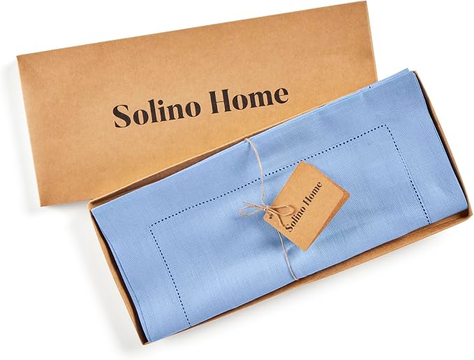 Solino Home Linen Cornflower Blue Table Runner 144 Inches Long - 100% Pure Linen Hemstitch 14 x 144 Inch Table Runner for Dining, Summer - Classic Hemstitch