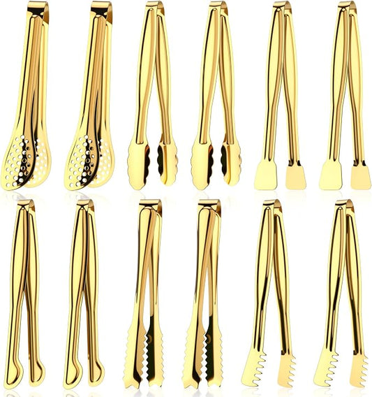 CHENGU 12 Pack Stainless Steel Tongs 6 Inches Food Serving Clip Kitchen Cooking Tongs High Heat Resistant Clips for Non Stick Cooking Grip for Ribs, Steak and Grill Salad