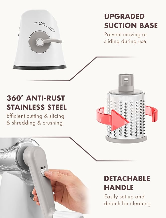 GDL Rotary Cheese Grater Hand Crank with 5 Interchangeable Blades - Upgraded Cheese Shredder Featuring Strong Suction Base for Cheese Shredding, Wavy Slicing, Nut Grinding, Ice Shaving