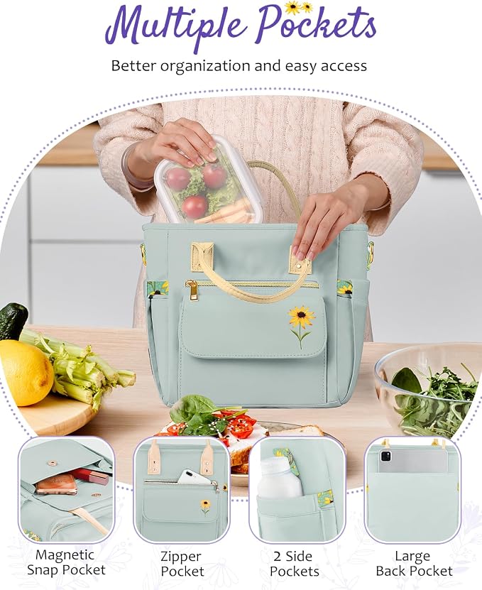 GLORIEROO Deluxe Insulated Lunch Box Bag Women - Leakproof Waterproof Cooler with Multi Pockets Removable Strap for Work Picnic - Teacher Mothers Day Christmas Birthday Gifts