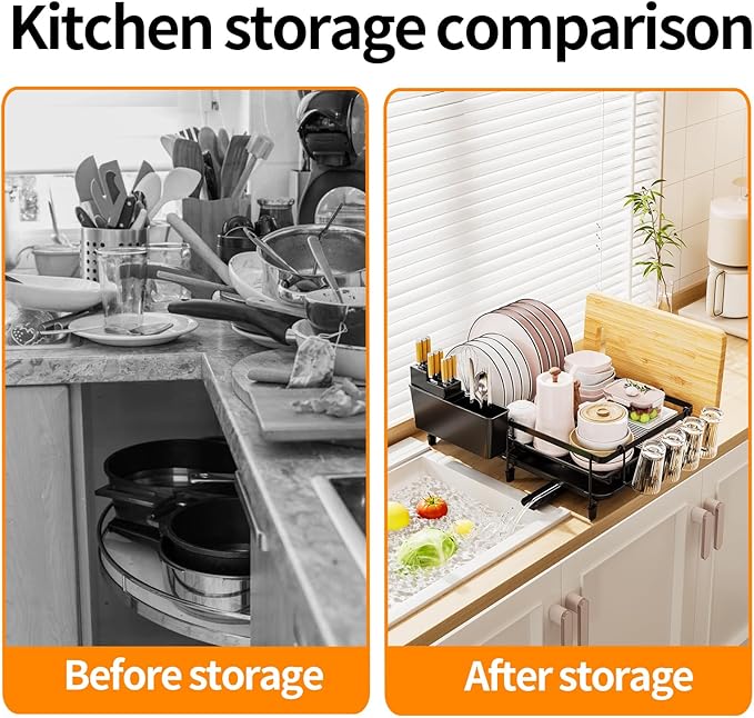 Extendable Dish Rack - a Rust-Resistant Dish Rack Suitable for Kitchen countertops, Featuring Adjustable Support Legs, a Cutlery Rack, and a Removable Drain Tray.