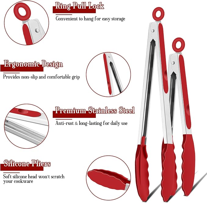 TeamFar Kitchen Tongs, 9" and 12" Stainless Steel Cooking Tongs with Silicone Tips for Cooking Grilling Serving & BBQ, Heat Resistant Silicone Tongs, Locking Design & Dishwasher Safe, Set of 2 & Red