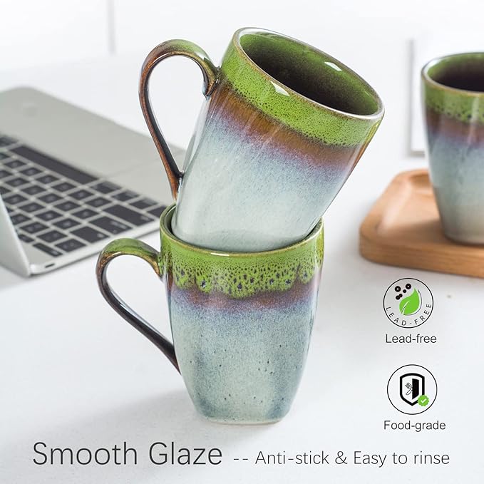HENXFEN LEAD Coffee Mugs 10 Oz, Ceramic Cups with Large Handle for Coffee, Soup, Tea, Milk, Latte and Hot Cocoa, Mug Gift Set Microwave Oven Safe - Set of 4, Green