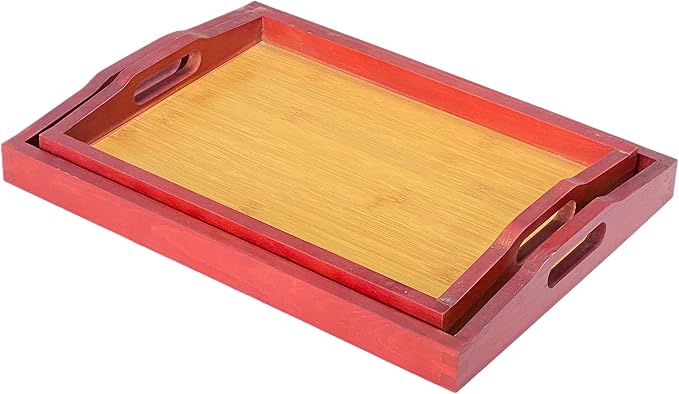 Wooden Serving Trays with Handle Set of 2 Bamboo Serving Trays Decorative Nesting Wood Platter Tabletop (Large 16x11.7x1.9 inches, Small 14x10.5x1.9 inches)