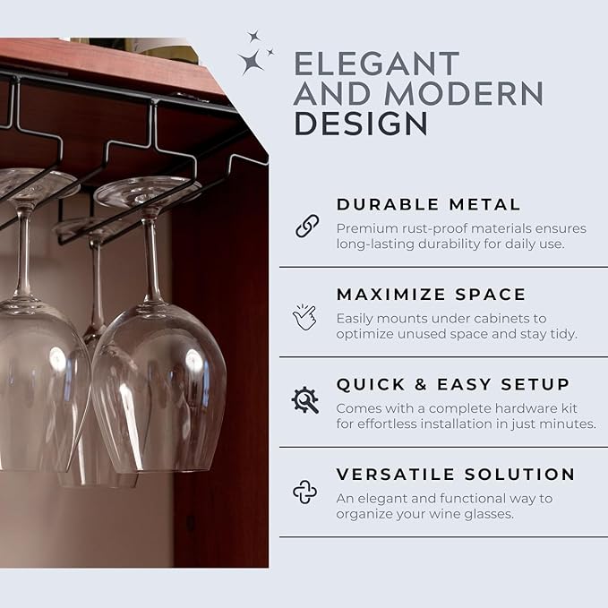 Wine Glass Holder – Practical Under Cabinet Wine Glass Hanger – Heavy-Duty Metal Drinkware Holder Under Cabinet Hanging Rack for Kitchen and Bar – 4 Rack, holiday home bar accessory