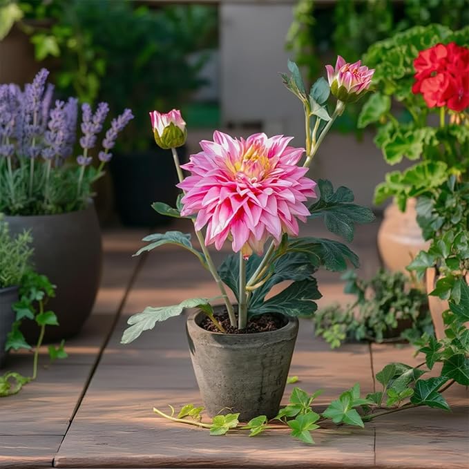 Rose Red Dahlia Flowers Fake Silk Mums Flower Artificial Chrysanthemum Flowers Faux Flowers for Vase Mums in Pot Spring Decor Coffee Table Home Party Decoration