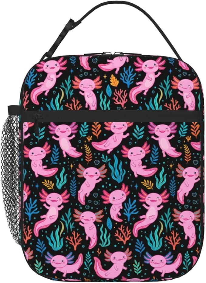 Axolotl Insulated Lunch Box - Leakproof Reusable Cooler Tote with Side Pocket, Thermal Meal Prep Bag with Reinforced Handle for Men Women, Office Work, Picnic, Hiking & Travel