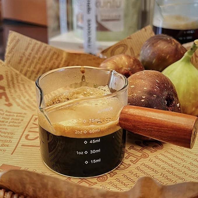 2 Pack Espresso Shot Glass With Wooden Handle, Accessories with Double Spouts Espresso Machine Accessories Coffee Bar Essentials Precise 75 Ml Coffee Measuring Cup