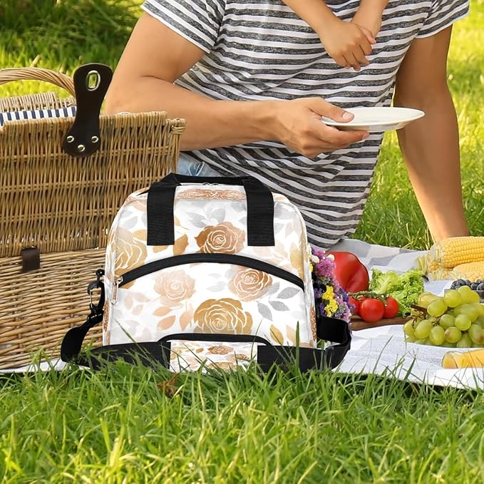 Pardick Golden Rose Flower Insulated Lunch Bag for Women Leakproof Lunch Box Large Cooler Thermal Tote Bag with Shoulder Strap Meal Prep Bags for Work School Office Picnic Teen Girls Adult