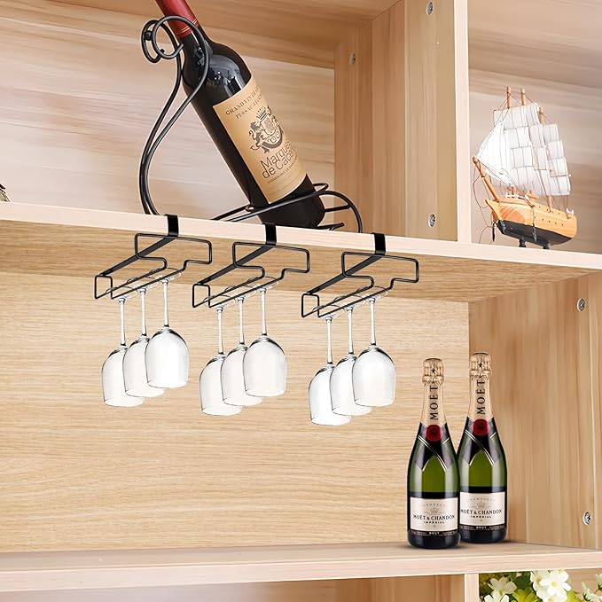 4 Pcs 10 Inch Wine Glass Rack Under Shelf, Stemware Holder for Bar, Kitchen, Pub (Black)