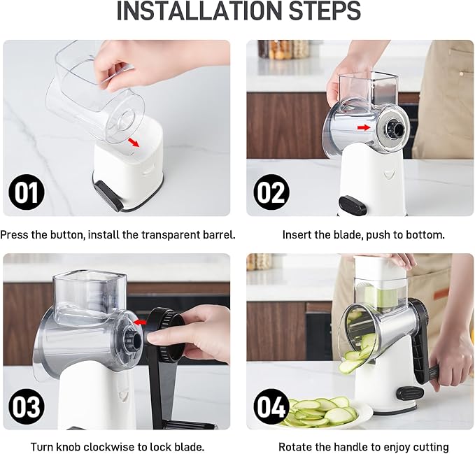 VEKAYA Rotary Cheese Grater Hand Crank with 4 Interchangeable Stainless Steel Blades, Large Manual Handle Shredder and Waffle Slicer for Vegetables, Cheese and Nuts with Table Suction Base(White)