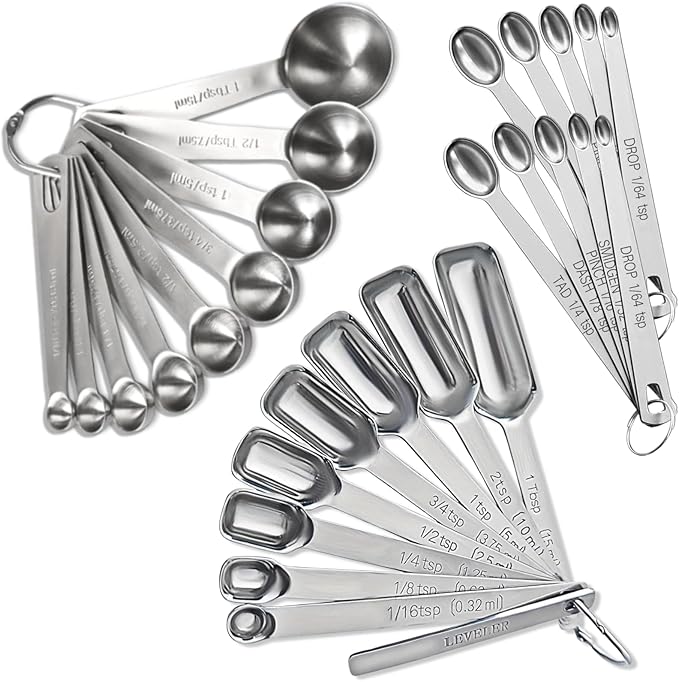 28 Pcs Stainless Steel Measuring Spoons Set with Leveler, Metal Round & Rectangular Spoons plus 2-Pack Mini Spoon Sets for Precise Cooking and Baking, Standard Sizes with Clear Engraved Markings