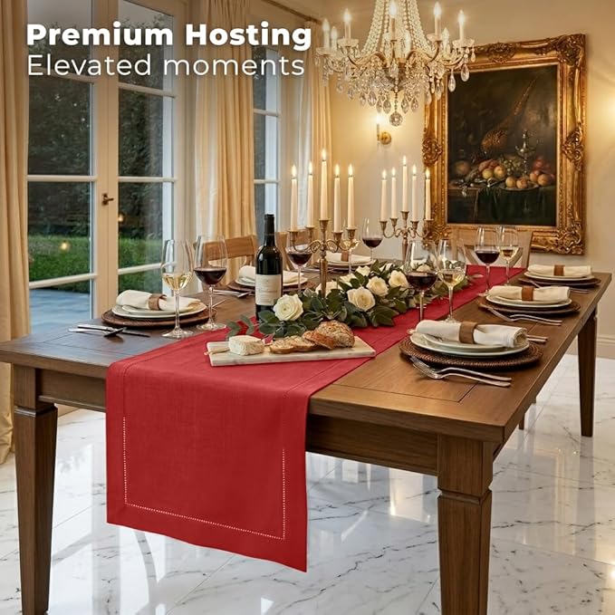 Signature Linen™ by D'Moksha Racing Red Table Runner 108 Inches Long, 100% Pure Linen, Hemstitch, 14 x 108 Inch Table Runner for Dresser, Dining- Summer, Father's Day