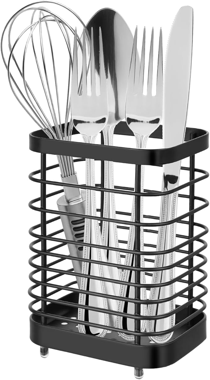Utensil Holder, Stainless Steel Utensil Drying Rack for Kitchen Counter, Silverware Cutlery Flatware Holder Forks, Knives, Spoons, Chopsticks Organizer (Black)