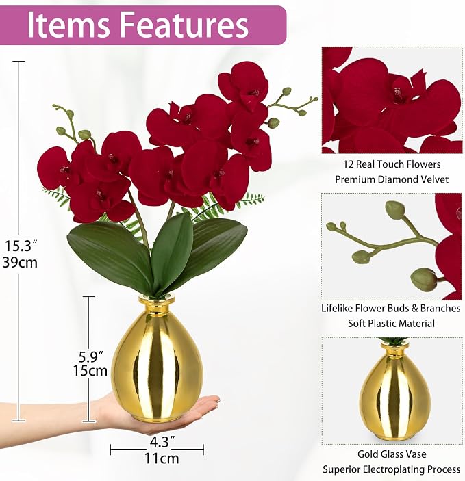 Oairse Red Orchids Artificial Flowers, Faux Orchid in Glass Vase Real Touch Small Phalaenopsis Orchid Flowers Arrangements with Gold Vase Orchids Centerpiece for Dining Room Table
