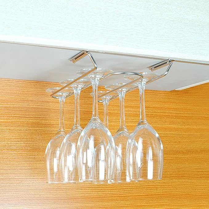 V3VOGUE Black 1/2 Row Wine Glass Rack Under Cabinet, Stainless Steel Wall Mounted Hanging Rack Shelf, Stemware Glasses Cups Storage Organizer Hanger Racks, Easy to Install