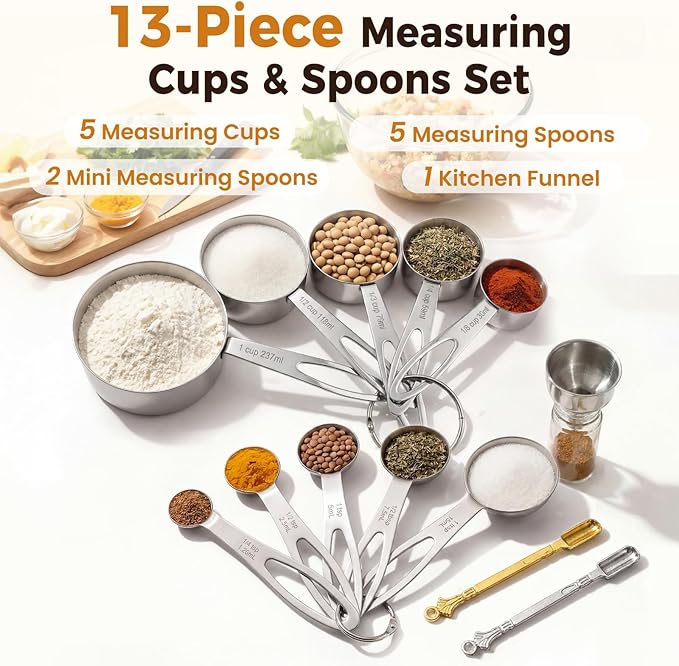 13PCS Stainless Steel Measuring Cups and Spoons Set with Funnel, Stackable Metal Measuring Cup and Spoon Set for Baking Cooking, Dishwasher Safe Kitchen Tools with for Dry & Liquid Ingredients