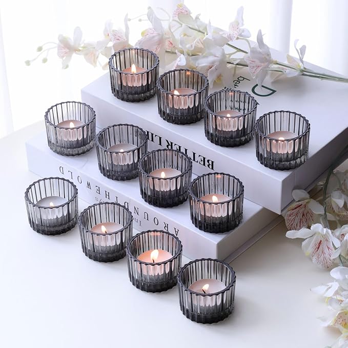 VOHO 24pcs Smokey Grey Tealight Candle Holder for Neutral Room Decor, Ribbed Votive Candle Holders for Table Centerpiece, Glass Tea Light Candle Holders Decoration for Coffee Table, Formal Anniversary