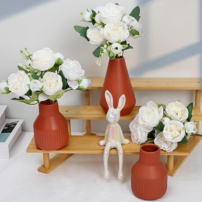 Flower Table Centerpiece - Dining Table Centerpiece Decor Set of 3 Fake Peonies in Ceramic Vases & Wood Tray Modern for Kitchen Island Living Room Coffee Table Home Decor (White)