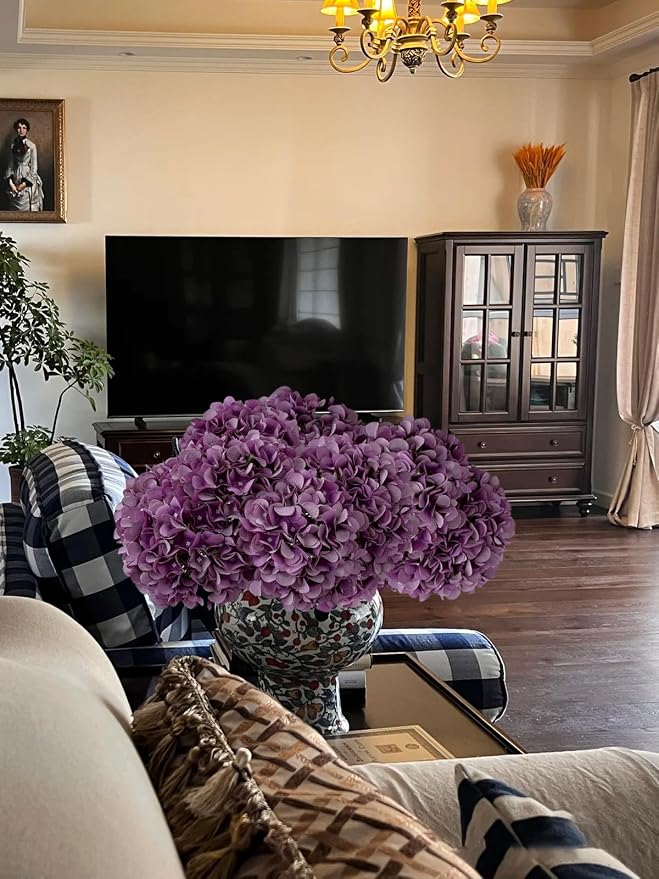 ZYTUYO 5 Pcs Dark Purple Silk Hydrangea Artificial Flowers - Boho Dried Touch 20'' Faux Hydrangeas for Fall Home Decor, Kitchen, Living Room, Porch Wreath, Xmas, Wedding Flower Arrangement