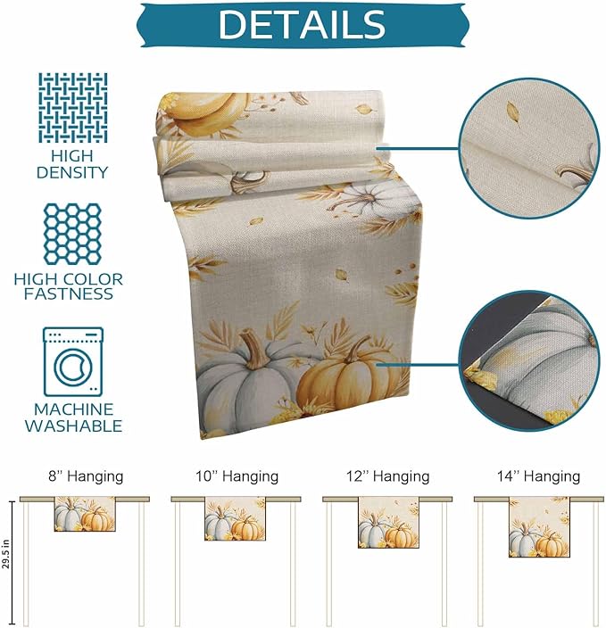 Fall Pumpkins Table Runner - 72 Inch Long, Grey Golden-yellow Pumpkin Thanksgiving Dining Table Runner Dresser Scarves, Maple Leaf Farm Harvest Decor for Coffee Table Wedding Party Banquet, 18x72 in