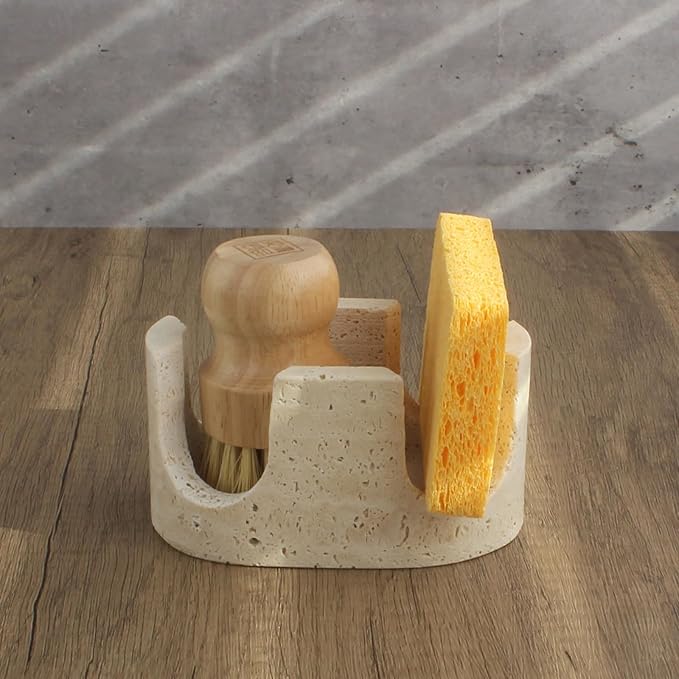 Natust 2-in-1 Travertine Sponge Holder for Kitchen Sink - Heavy Duty Natural Stone Sink Caddy, 2-Slot Scrubber Organizer for Scrub Daddy, Soap Tray with Anti-Slip Pads, Housewarming Gift, Beige
