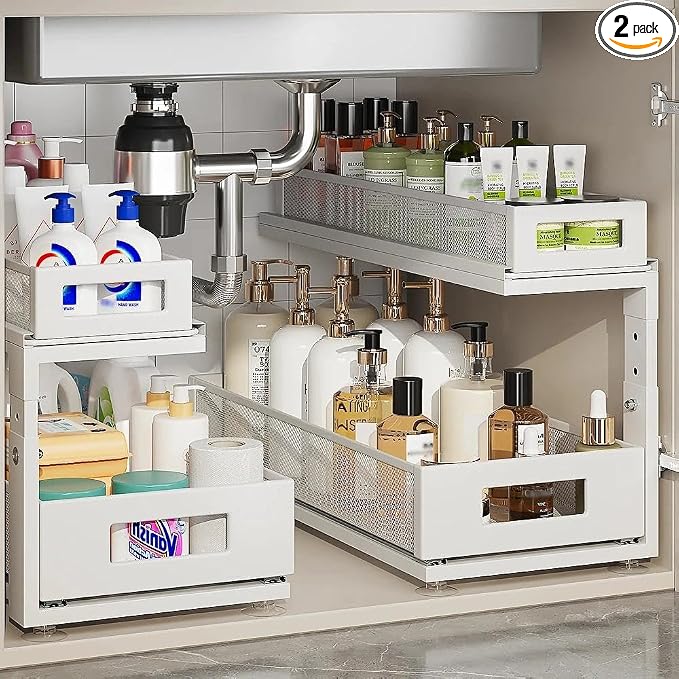 2 Pack 18.5IN-Depth Under Sink Organizer With Next-Gen Ball-Bearing Slides,2-Tier Pull Out Cabinet Storage,Height Adjustable Drawer Shelf for Bathroom,Kitchen,Laundry,Cabinet,Pantry-White