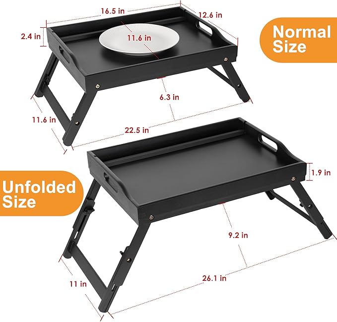 Greenual 2 Pack Bed Tray Table with Handles Folding Legs, Bamboo Breakfast Food Tray with Media Slot, Use As Platter, Laptop Desk, Snack, TV Tray Kitchen Serving Tray(Black)
