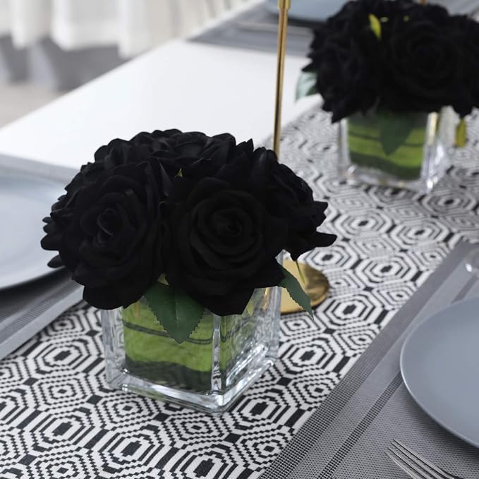 Fule Artificial Velvet Rose Flower Centerpiece Arrangement in vase for Home Wedding Decoration (Black)