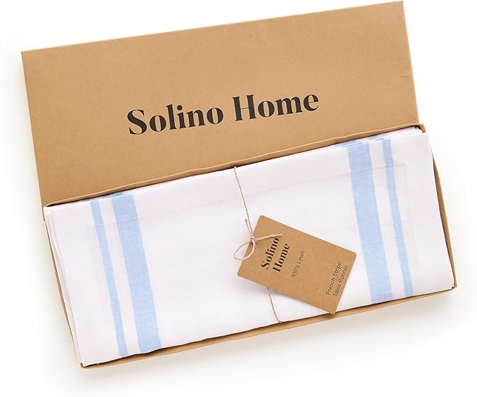 Solino Home Linen Table Runner 108 Inches Long - French Stripe, 100% Pure Linen Dusty Blue and White Farmhouse Table Runner 14 x 108 Inch Ideal for Dining, Spring, Summer