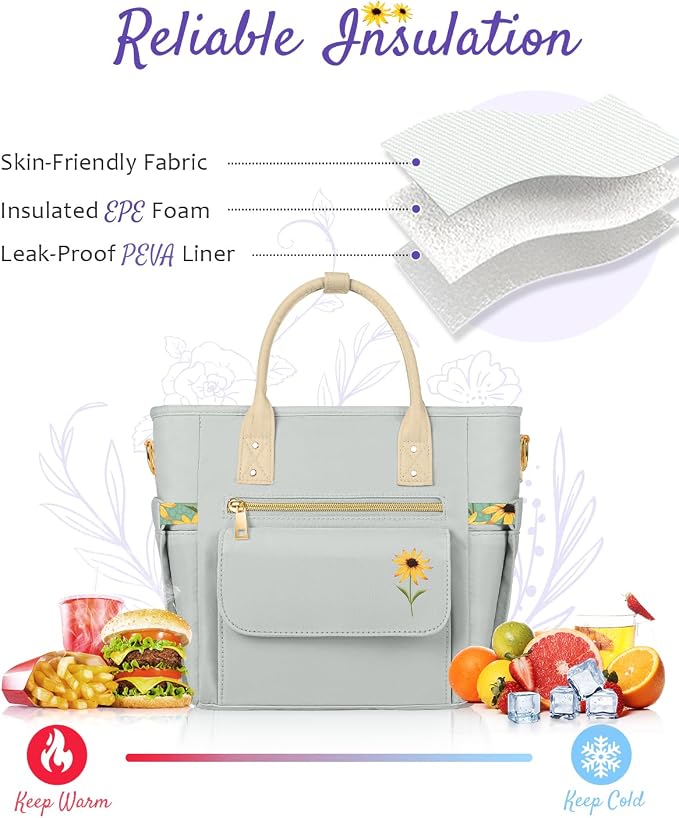 GLORIEROO Deluxe Insulated Lunch Box Bag Women - Leakproof Waterproof Cooler with Multi Pockets Removable Strap for Work Picnic - Teacher Mothers Day Christmas Birthday Gifts