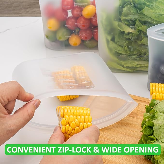 100% Platinum Silicone Reusable Storage Bags, 12 Pack, Premium Silicone Food Storage Bag Stand-Up Wide-Mouth Zip-Lock, Freezer Microwave Oven Dishwasher Safe, 4 M + 4 S + 4 XS, Crystal-Clear