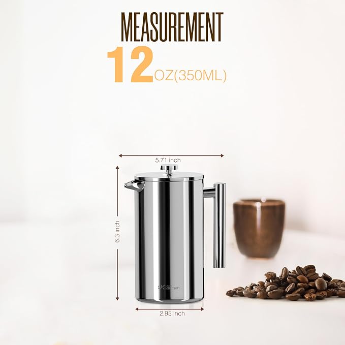Utopia Kitchen 304 Grade Stainless Steel French Press 12 Oz, Silver | Double Wall Insulated Coffee Press with 4-Level Filtration System, Include 2 Extra Filters, Rust-Free, Dishwasher Safe