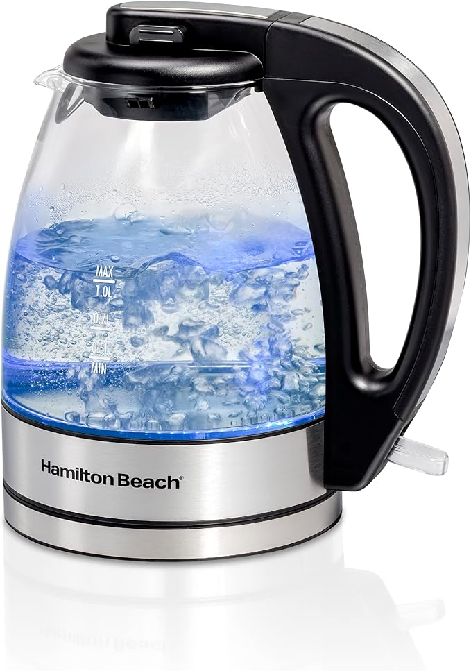 Hamilton Beach Electric Tea Kettle, Water Boiler & Heater, 1 Liter, 1500 Watts for Fast Boiling, BPA Free, Cordless Serving, Auto-Shutoff & Boil-Dry Protection, Blue LED, Glass (40930)