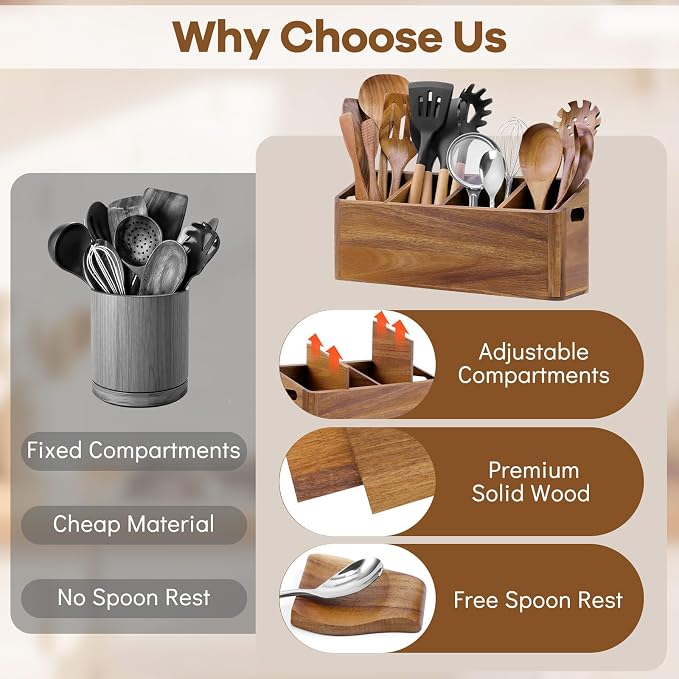 Wooden Kitchen Utensil Holder Countertop, Wooden Cooking Utensil Holder | Wood Kitchen Utensil Organizer 4 Compartments, Countertop Spoon HolderDecor