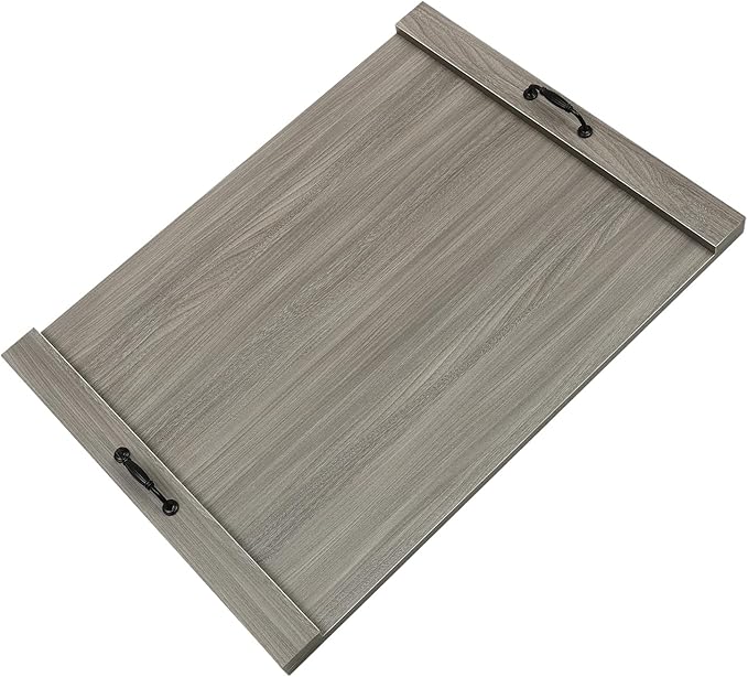 Rustic Wooden Serving Tray with Metal Handles, 30x22in Large Smoked Oak Decorative Ottoman Tray for Kitchen Countertop, Coffee Table, Breakfast, Dining Home Organization