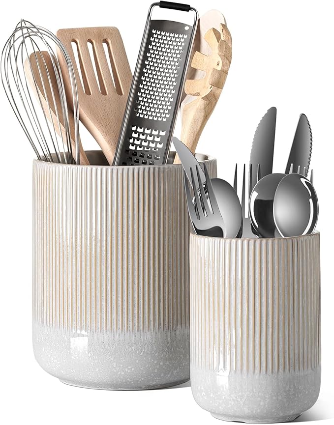 LE TAUCI Utensil Holder for Kitchen Counter, 7.3"+5.4" Fluted Ceramic Utensil Crock Organizer for Countertop, Heavy Large Holder for Spatulas, Spoons, Set of 2, Gray Marble