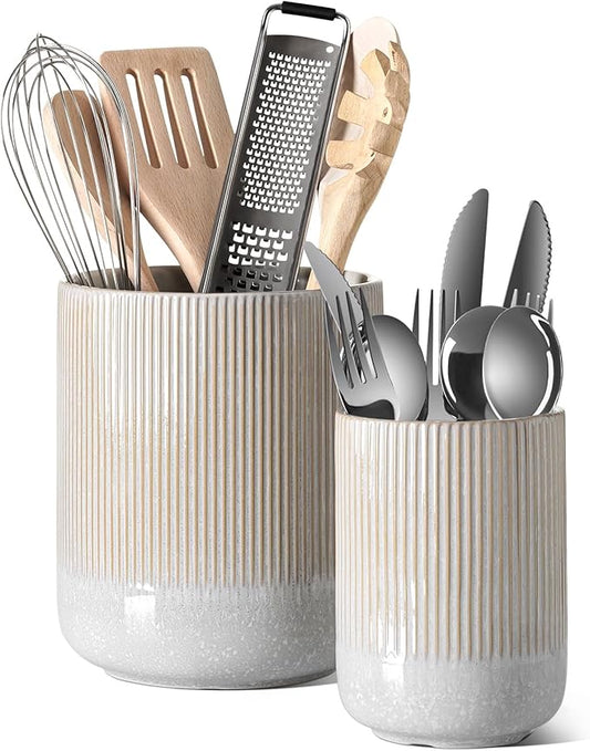LE TAUCI Utensil Holder for Kitchen Counter, 7.3"+5.4" Fluted Ceramic Utensil Crock Organizer for Countertop, Heavy Large Holder for Spatulas, Spoons, Set of 2, Gray Marble