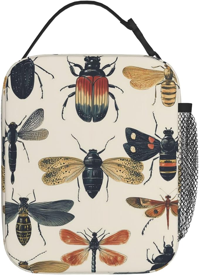 Reusable Vintage Insect Lunch Box for Kids Girls Boys Women Adult, Insulated Beetle Bee Dragonfly Retro Lunch Bag,Polyester Cooler Handbags Case for School Picnic Work Travel Beach or Hiking