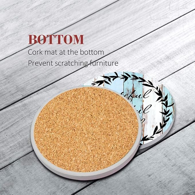 Britimes Coaster for Drinks Set of 6, Old Vintage Blue White Wooden Table Absorbent Round Ceramic Stone Mat, with Cork Base and Metal Holder, Gift for Housewarming Room Bar Decor