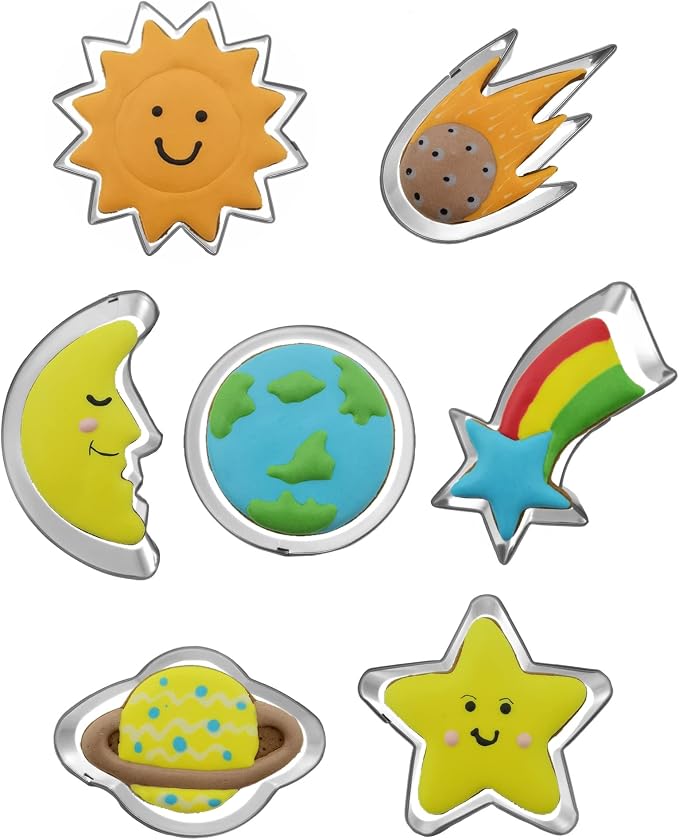 Planet Series Cookie Cutter Set of 7 pcs, Stainless Steel Universe Outer Space Fondant Cutters Set for Holiday Baking Clay DIY Molds