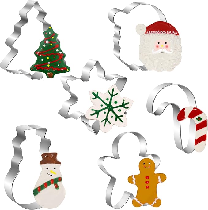 Large Christmas Cookie Cutters Set, 6 Pcs Large Holiday Cookie Cutters Shapes - Christmas Tree, Snowman, Gingerbread Man, Snowflake, Candy Cane, Santa Face Stainless Steel Holiday Cookies Molds