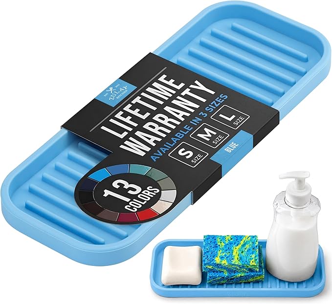 Zulay Kitchen (9x3.5) Silicone Sponge Holder for Kitchen Sink - Flexible Multipurpose Kitchen Soap Tray Sponge Holder - Sink Organizer Tray for Kitchen, Bathroom, Makeup, Trinkets & More (Blue)