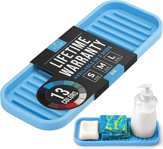 Zulay Kitchen (9x3.5) Silicone Sponge Holder for Kitchen Sink - Flexible Multipurpose Kitchen Soap Tray Sponge Holder - Sink Organizer Tray for Kitchen, Bathroom, Makeup, Trinkets & More (Blue)