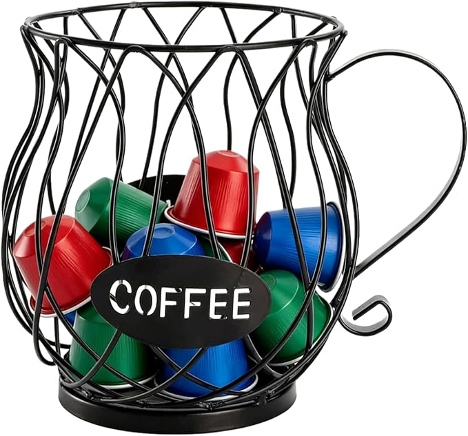 Metal Coffee Pod Holder Wire Coffee Pods Storage Basket Espresso Capsule Storage for Home Kitchen Cafe Hotel (Black teapot)